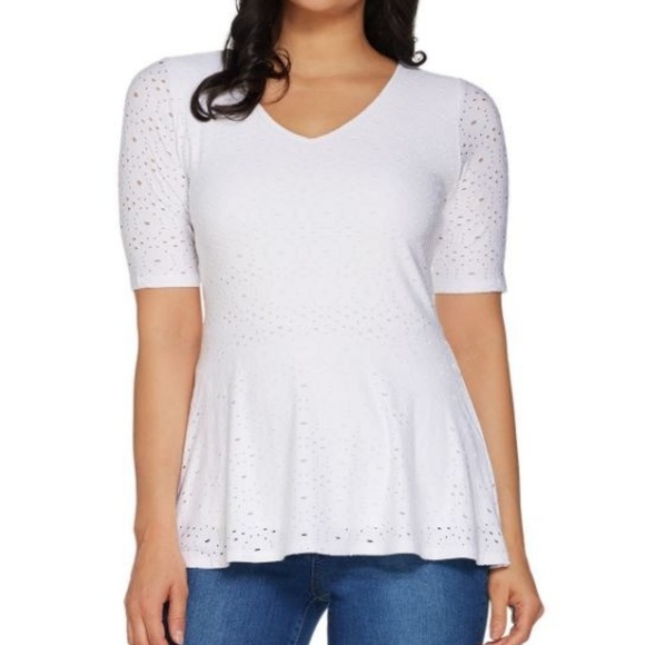 Isaac Mizrahi Tops - Knit Eyelet Elbow Sleeve Peplum Top 216